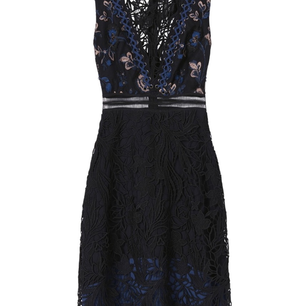 Self-Portrait Black and Navy Lace Fit-and-Flare Dress